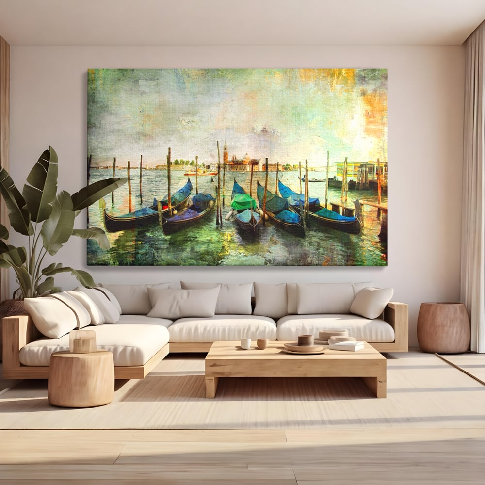 Tablou canvas cu pictura orizontala cu gondole in venetia, fara rama, pe sasiu de lemn, pe perete intr-un living
